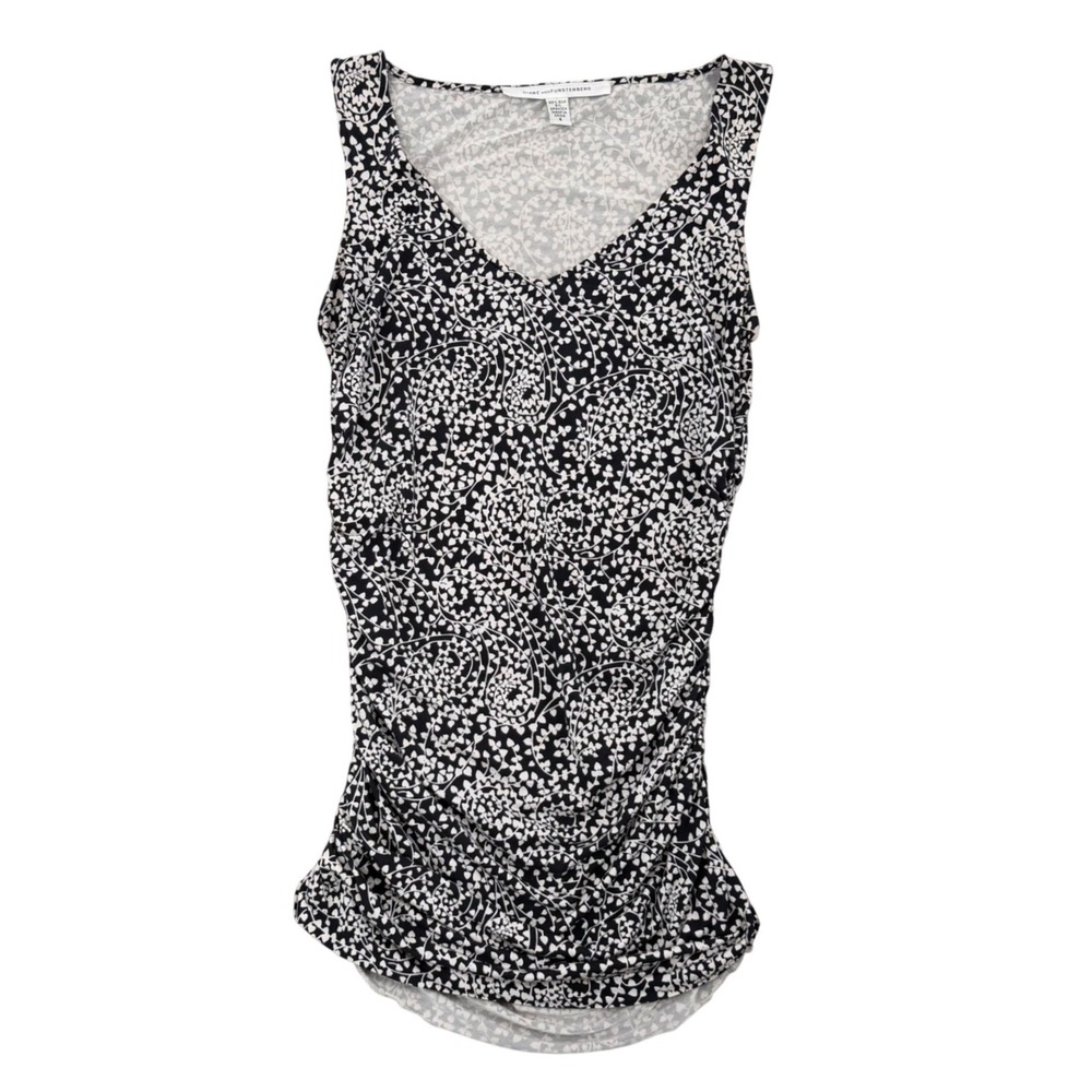 Diane von Furstenberg Tank Top Women 6 Black White Silk Ruched V-Neck Print